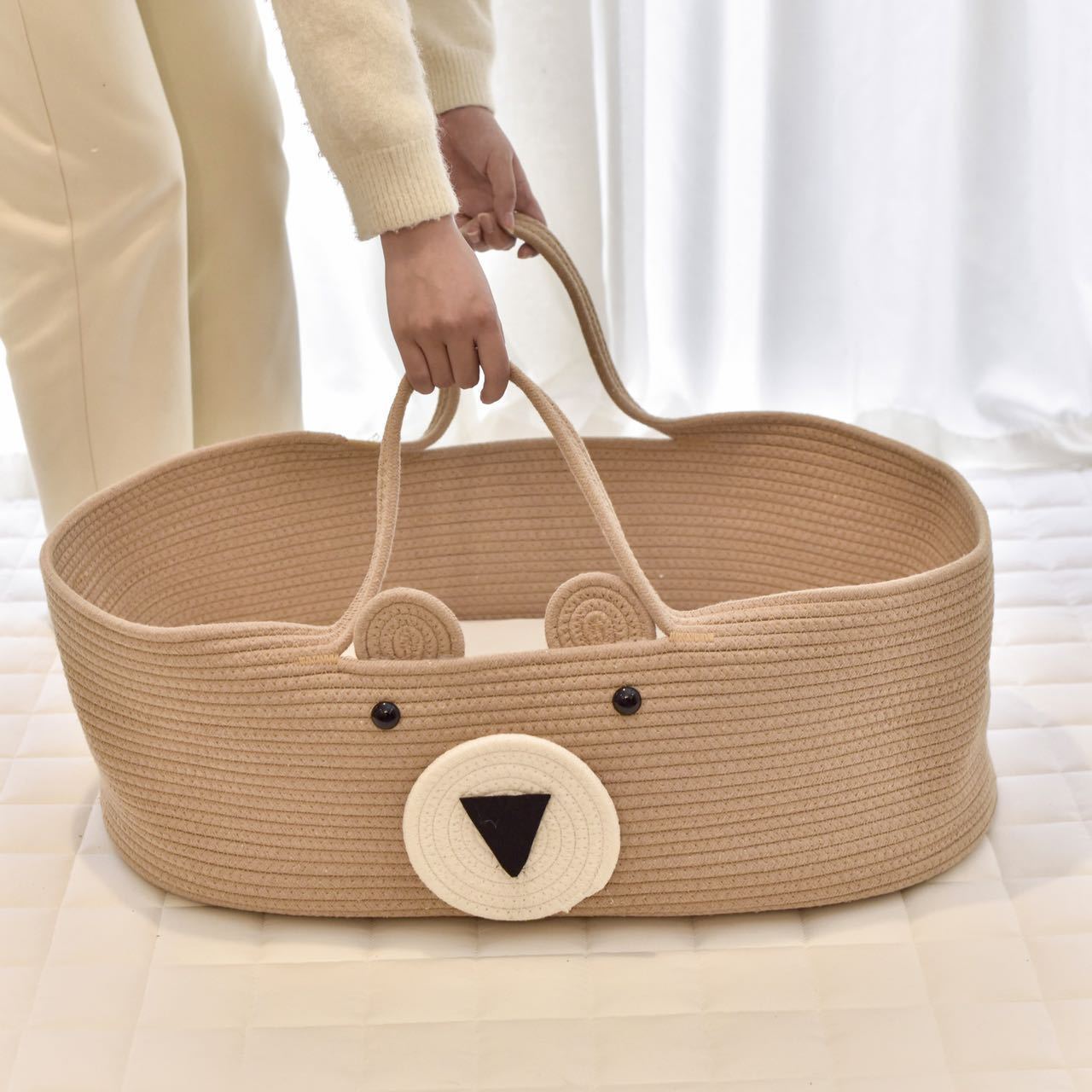 Portable Baby Moses Basket for Carrier Cotton Rope Woven Crib Newborn Sleeping Bed Cradle Bassinet Nursery Decor with Soft Pad & Pillow