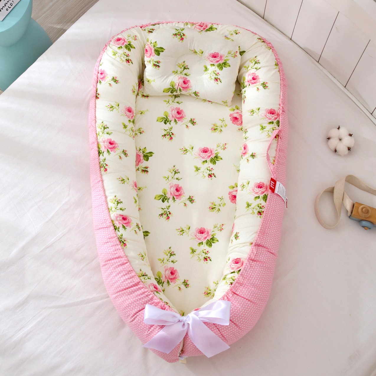 Portable Cotton Newborn Baby Lounger Pillow Breathable Adjustable Travel Bed