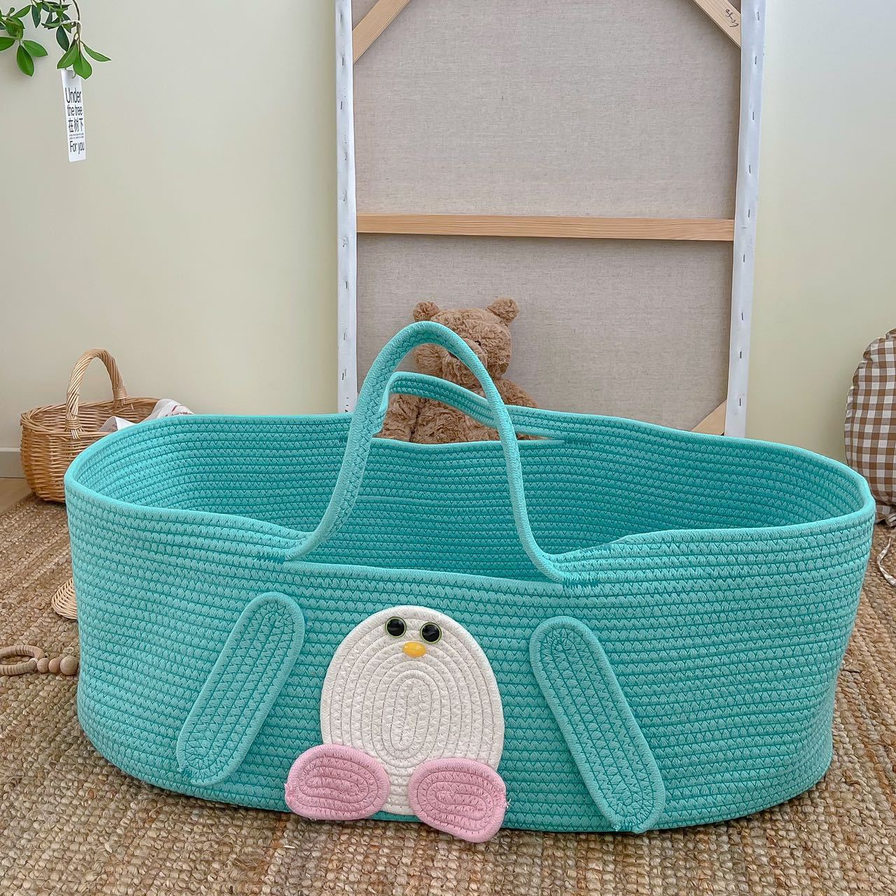 Portable Baby Moses Basket for Carrier Cotton Rope Woven Crib Newborn Sleeping Bed Cradle Bassinet Nursery Decor with Soft Pad & Pillow