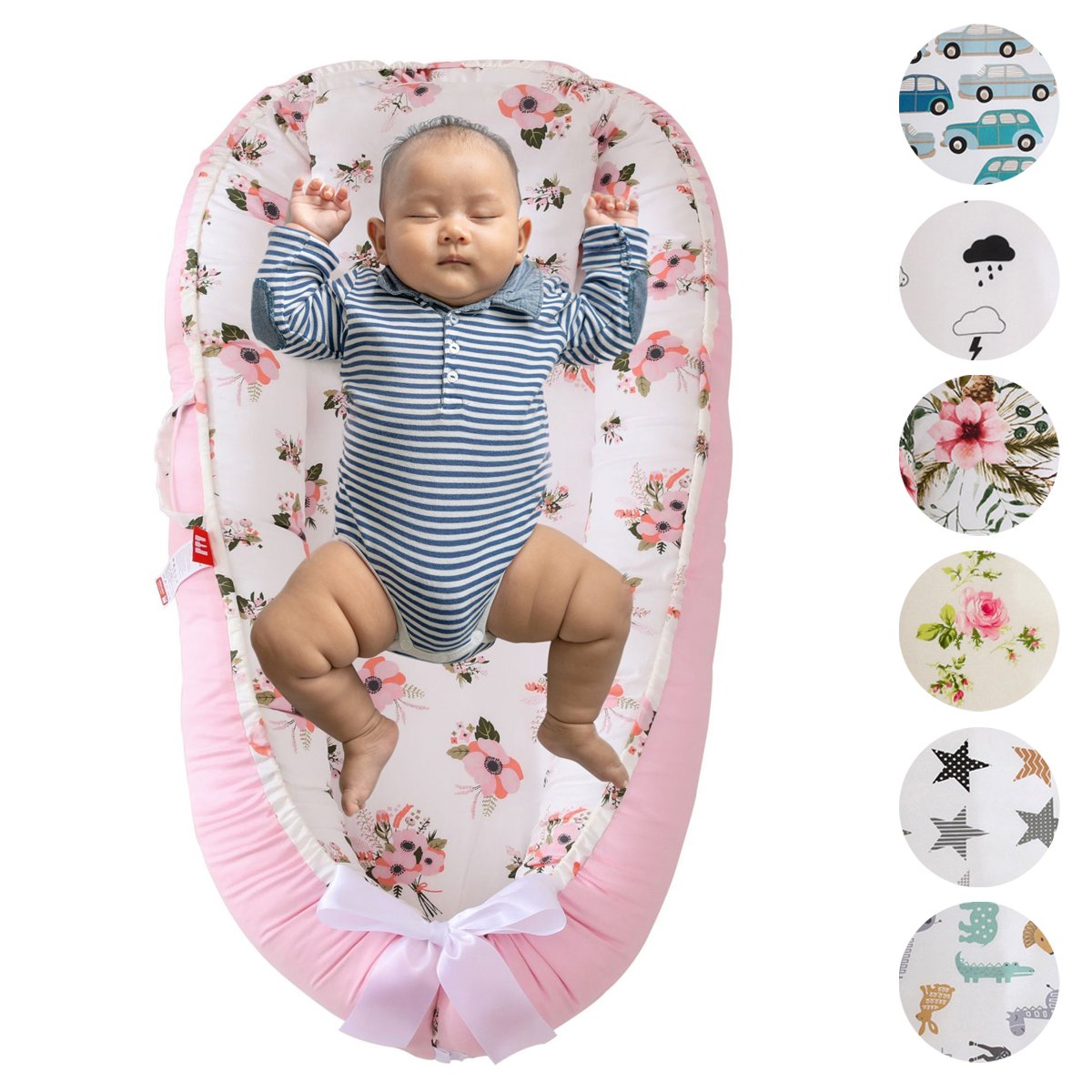 Portable Cotton Newborn Baby Lounger Pillow Breathable Adjustable Travel Bed