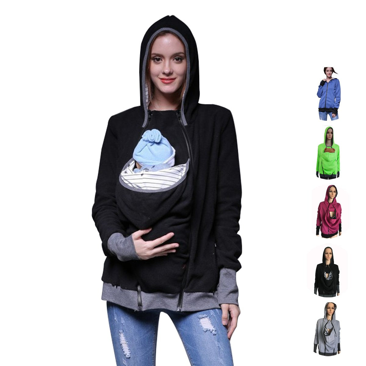 Kangaroo Pouch Hoodie Baby Pocket Carrier Mother Sweatshirt Pullover Fleece Jacket